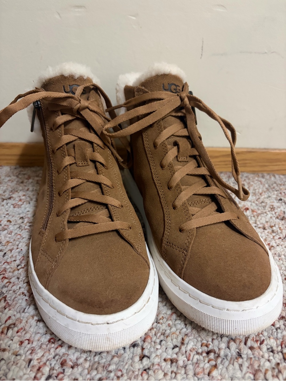 UGG Chestnut Suede High-Top Sneaker with Shearling Collar